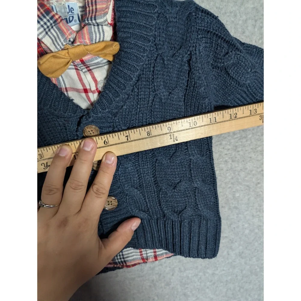 Little Lad Boys 12M Navy Cable Knit Cardigan Plaid Shirt Bow Tie‎ Preppy Dressy